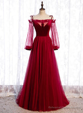 Burgundy Tulle Velvet Spaghetti Straps Long Sleeve Prom Dress